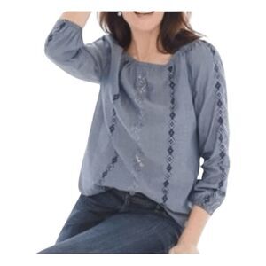 Chico's Chambray Peasant Top Blue Embellished Denim Long Sleeve Boat Neck M